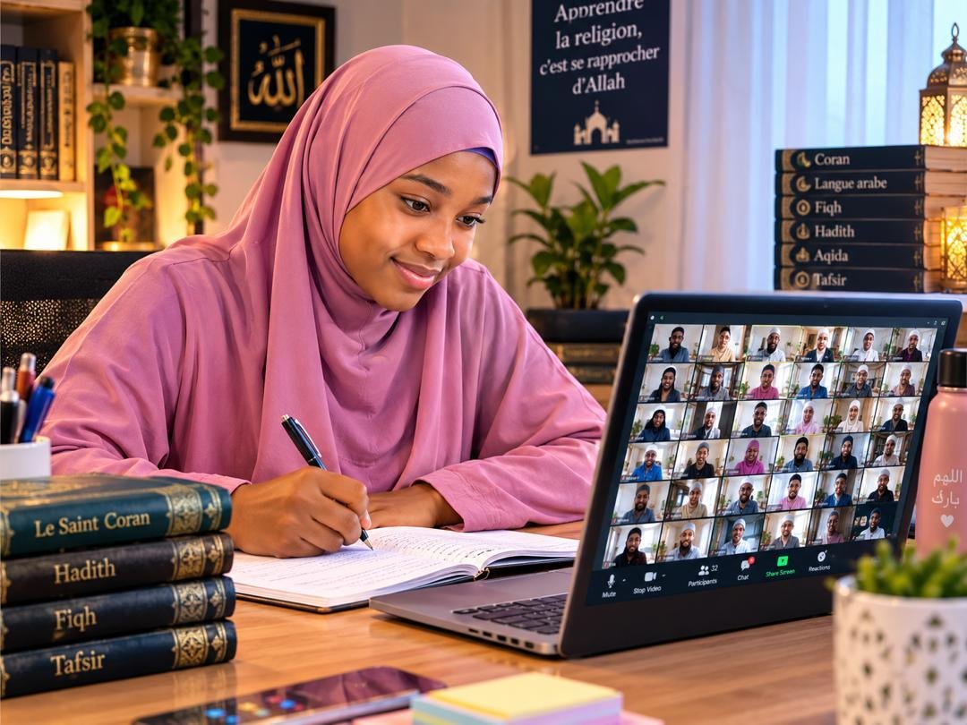 Une élève voilée prend des notes pendant un cours en ligne, à côté d’une pile de livres d’études islamiques.