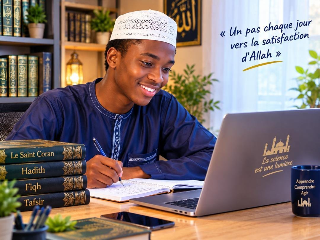 Un élève prend des notes devant son ordinateur, à côté d’une pile de livres d’études islamiques.